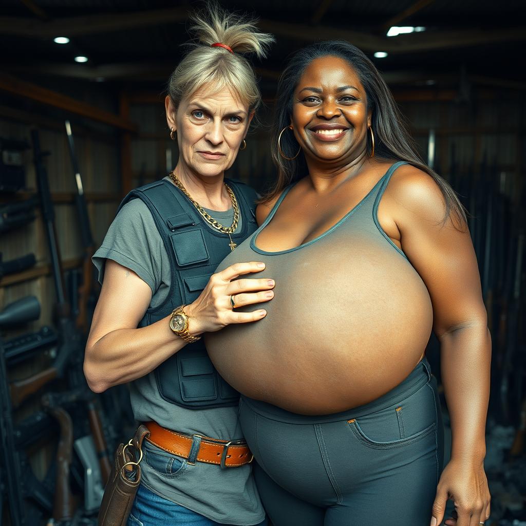 In a makeshift shelter filled with weapons, a very short and malnourished 50-year-old blonde woman with blue eyes and an angry expression is depicted