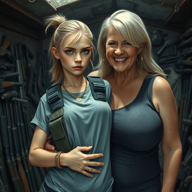 In a dilapidated shelter filled with an array of weapons, a very short and malnourished 20-year-old blonde woman with blue eyes and an angry expression is portrayed