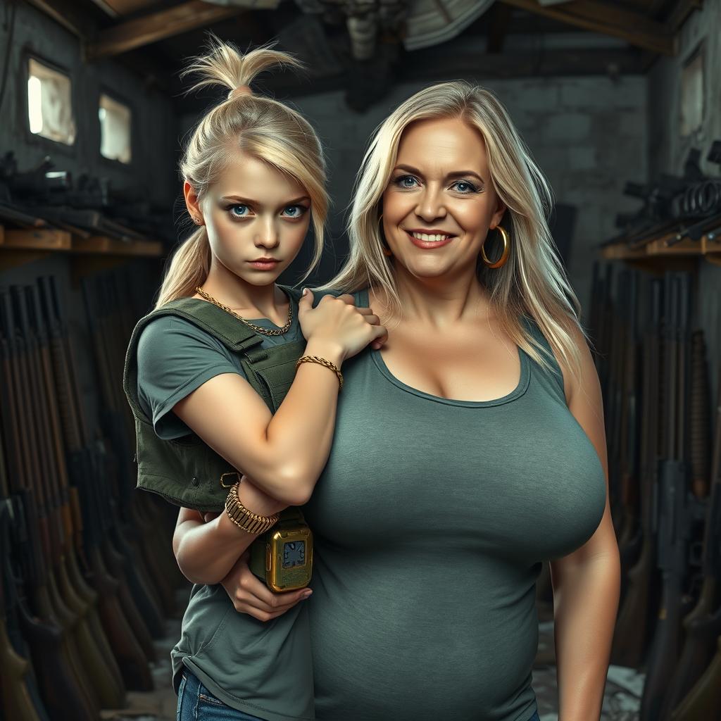 In a dilapidated shelter filled with an array of weapons, a very short and malnourished 20-year-old blonde woman with blue eyes and an angry expression is portrayed