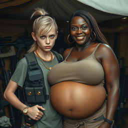 In a makeshift shelter filled with weapons, a very short and malnourished 20-year-old blonde woman with blue eyes and an angry expression is depicted