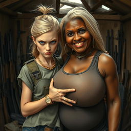 In a makeshift shelter filled with weapons, a very short and malnourished 20-year-old blonde woman with blue eyes and an angry expression is depicted