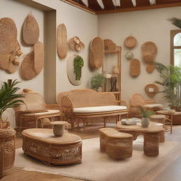 Envision a warm scene in the gallery-like store where friends gather around the natural rattan and bamboo benches, engrossed in cheerful conversation amidst the artisanal pieces.