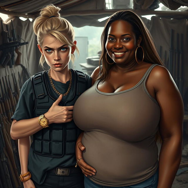 In a makeshift shelter filled with weapons, a very short and malnourished 20-year-old blonde woman with blue eyes and an angry expression is depicted