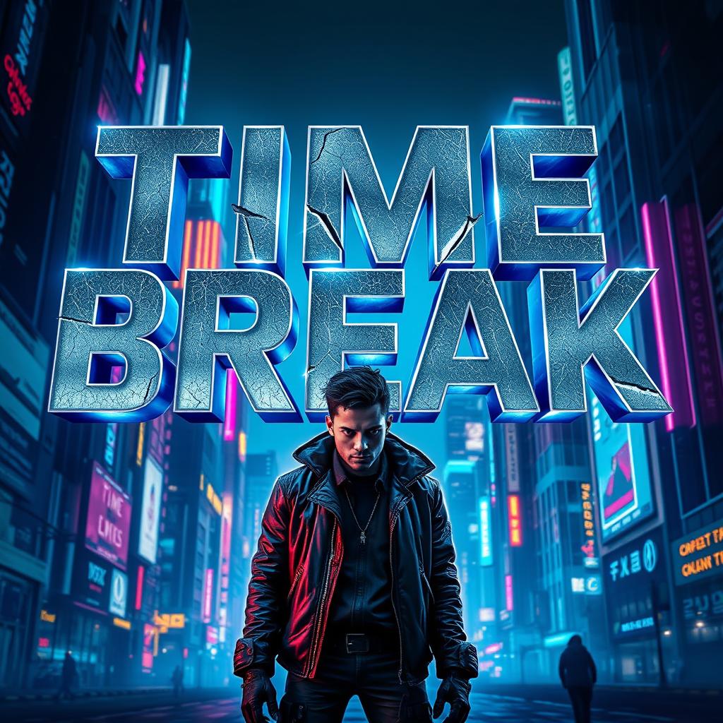 A striking and cinematic poster for a book titled 'TIME BREAK', featuring the title displayed prominently in a bold, metallic font that is fractured and cracked, symbolizing disruption and rebellion