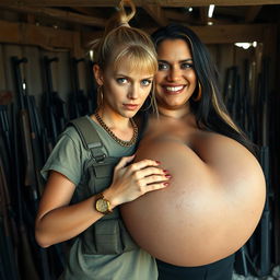 In a makeshift shelter filled with weapons, a very short and malnourished 20-year-old blonde woman with blue eyes and a fierce expression is portrayed