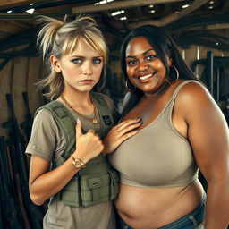 In a makeshift shelter filled with weapons, a very short and malnourished 20-year-old blonde woman with blue eyes and a fierce expression is portrayed