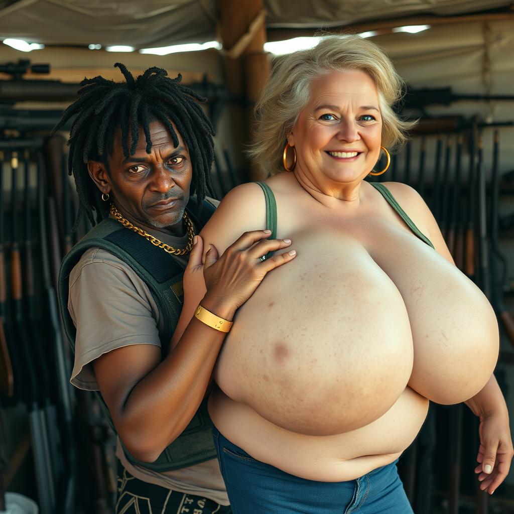 In a makeshift shelter filled with an array of weapons, a very short and malnourished 50-year-old Indian woman with dark skin and an angry expression is depicted