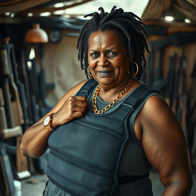 In a makeshift shelter filled with an array of weapons, a very short and malnourished 50-year-old Indian woman with dark skin and an angry expression is depicted