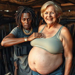 In a makeshift shelter filled with an array of weapons, a very short and malnourished 50-year-old Indian woman with dark skin and an angry expression is depicted