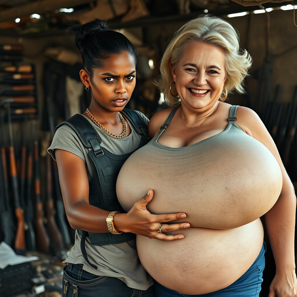 In a makeshift shelter filled with an array of weapons, a very short and malnourished 25-year-old Indian woman with dark skin and an angry expression is depicted