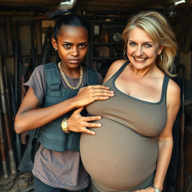 In a makeshift shelter filled with an assortment of weapons, a very short and malnourished 25-year-old Indian woman with dark skin and an angry expression is depicted