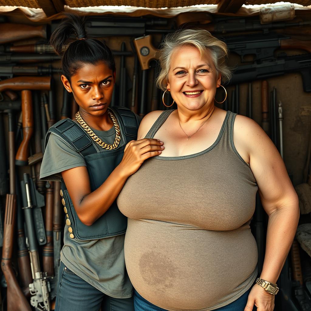In a makeshift shelter filled with an assortment of weapons, a very short and malnourished 25-year-old Indian woman with dark skin and an angry expression is depicted