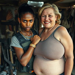 In a makeshift shelter filled with various weapons, a short and malnourished 30-year-old Indian woman with dark skin and a fierce expression is depicted