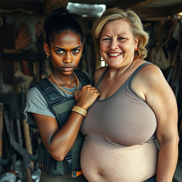 In a makeshift shelter filled with various weapons, a short and malnourished 30-year-old Indian woman with dark skin and a fierce expression is depicted
