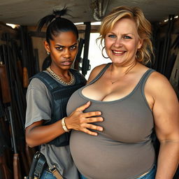 In a makeshift shelter filled with an array of weapons, a very short and malnourished 30-year-old Mexican woman with dark skin and an angry expression is depicted