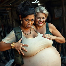 In a makeshift shelter filled with an array of weapons, a very short and malnourished 30-year-old Mexican woman with dark skin and an angry expression is depicted