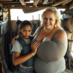 In a makeshift shelter filled with an array of weapons, a very short and malnourished 30-year-old Mexican woman with dark skin and an angry expression is depicted