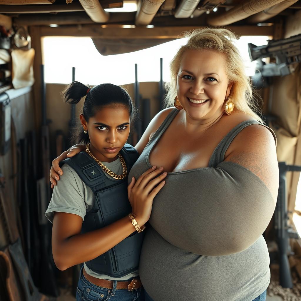 In a makeshift shelter filled with an array of weapons, a very short and malnourished 30-year-old Mexican woman with dark skin and an angry expression is depicted