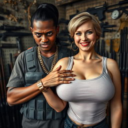 In a rundown shelter filled with an array of weapons, a young 30-year-old Mexican woman with dark skin, characterized by a fierce and angry expression, is prominently featured