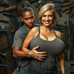 In a rundown shelter filled with an array of weapons, a young 30-year-old Mexican woman with dark skin, characterized by a fierce and angry expression, is prominently featured