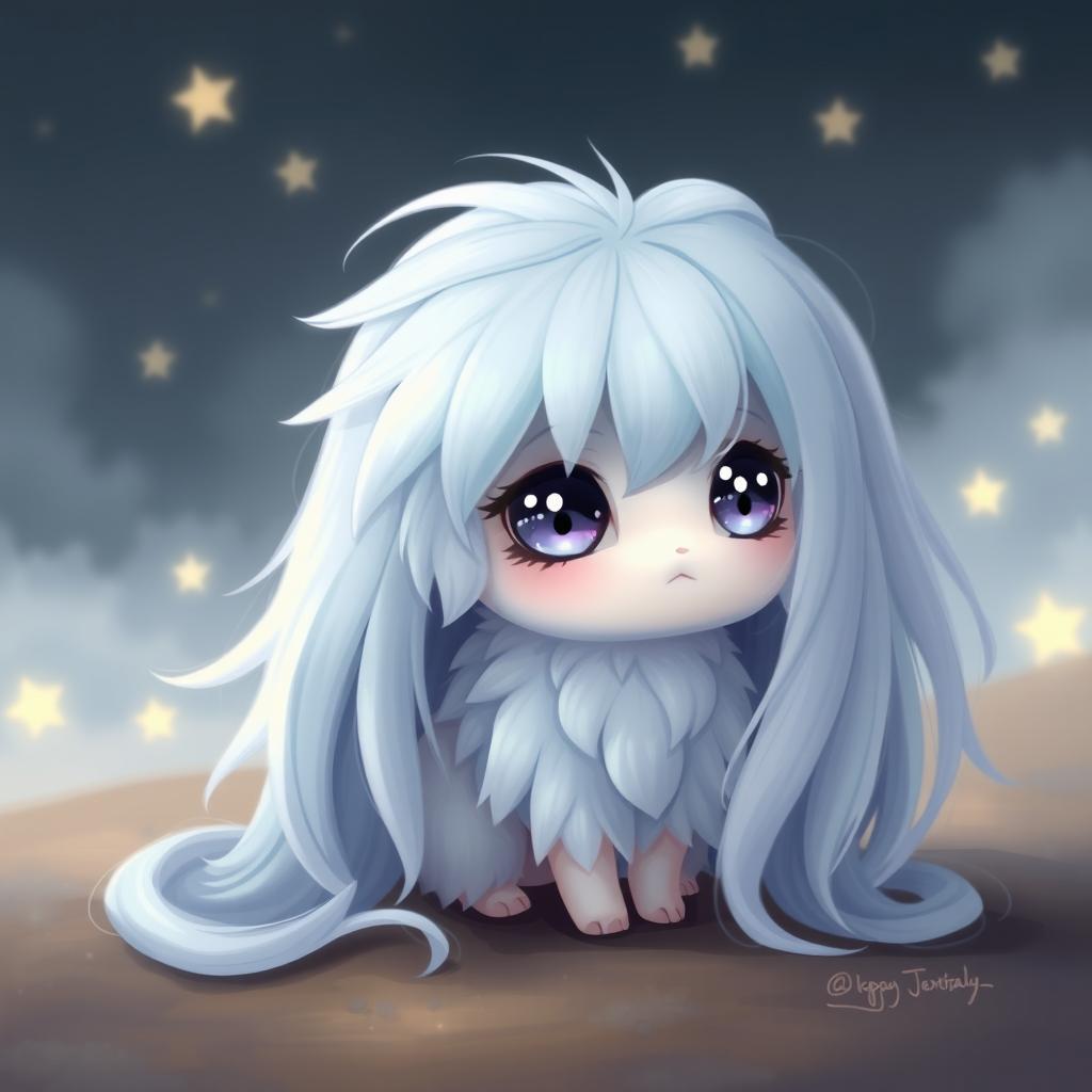 A cute little fluffy fantasy creature with long, silky hair that flows gracefully, exuding a sad atmosphere