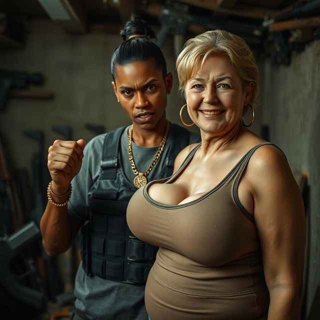 In a dimly lit shelter crowded with an assortment of weapons, a fierce-looking 30-year-old Mexican woman with dark skin and a malnourished appearance displays her intense anger