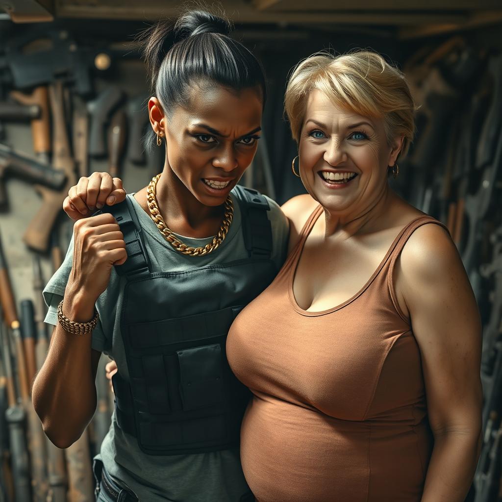 In a dimly lit shelter crowded with an assortment of weapons, a fierce-looking 30-year-old Mexican woman with dark skin and a malnourished appearance displays her intense anger