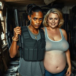 In a scenes set in a rundown shelter filled with an array of weapons, a 35-year-old malnourished Mexican woman with dark skin and a fierce, angry expression takes center stage