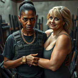 In a scenes set in a rundown shelter filled with an array of weapons, a 35-year-old malnourished Mexican woman with dark skin and a fierce, angry expression takes center stage