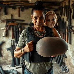 In a scenes set in a rundown shelter filled with an array of weapons, a 35-year-old malnourished Mexican woman with dark skin and a fierce, angry expression takes center stage