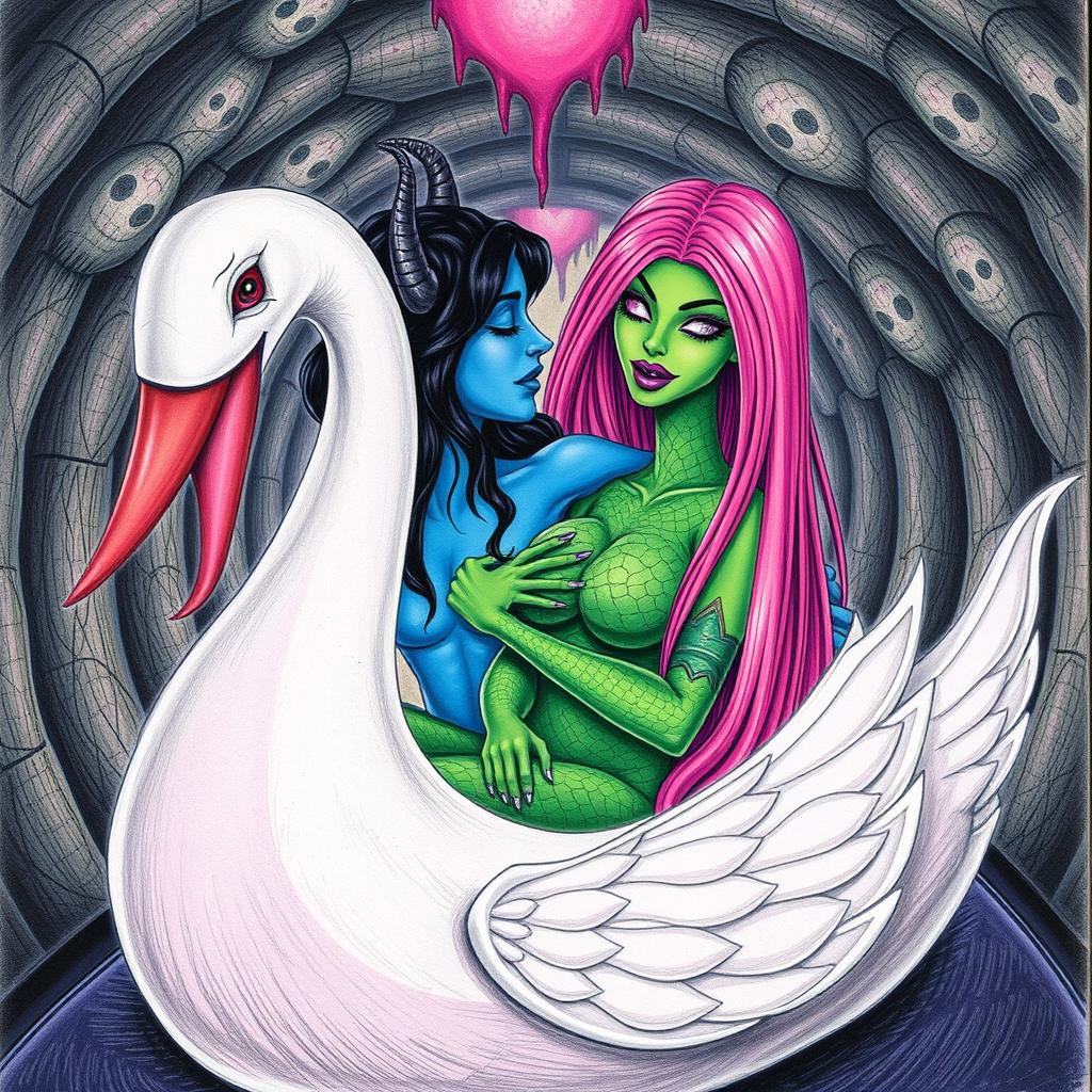 A blue tiefling woman with curved horns on her head and long wavy black hair kissing the chest of a woman with serpentine features, featuring green scaly skin and long straight vibrant pink hair adorned with purple lipstick