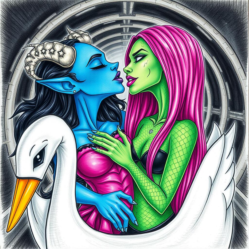 A blue tiefling woman with curved horns adorning her head and long, wavy black hair is lovingly kissing the chest of a captivating woman with serpentine features, who has striking green scaly skin, long straight vibrant pink hair, and bold purple lipstick
