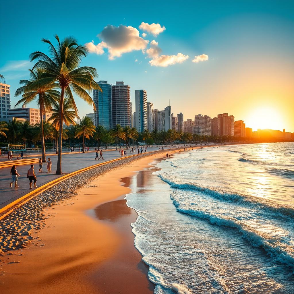 A vibrant and dynamic cityscape of Santos, São Paulo, Brazil, showcasing the iconic urban beach, blue ocean waves gently lapping at the sandy shore, palm trees swaying in the breeze, and modern high-rise buildings in the background