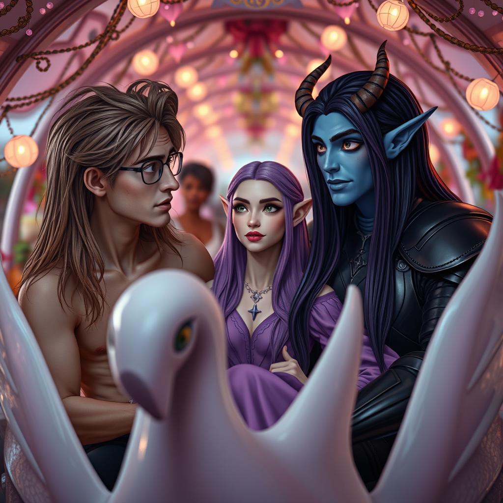 A thin wiry man in his twenties with long greasy light brown hair glances awkwardly at a blue-skinned man with curved horns on his head and long black hair, who is wearing black leather armor