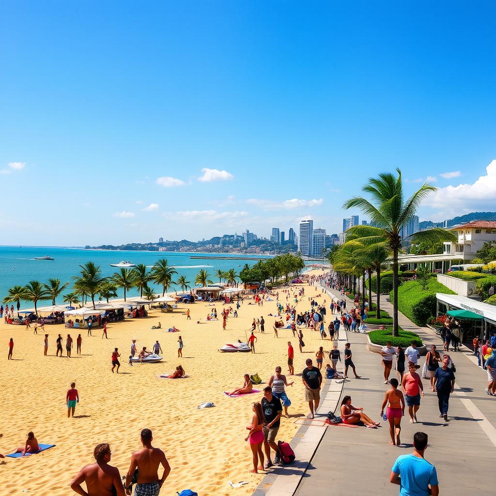 A vibrant and colorful street scene in Santos, SP, Brazil, showcasing the beautiful beach with golden sands and sparkling blue waters