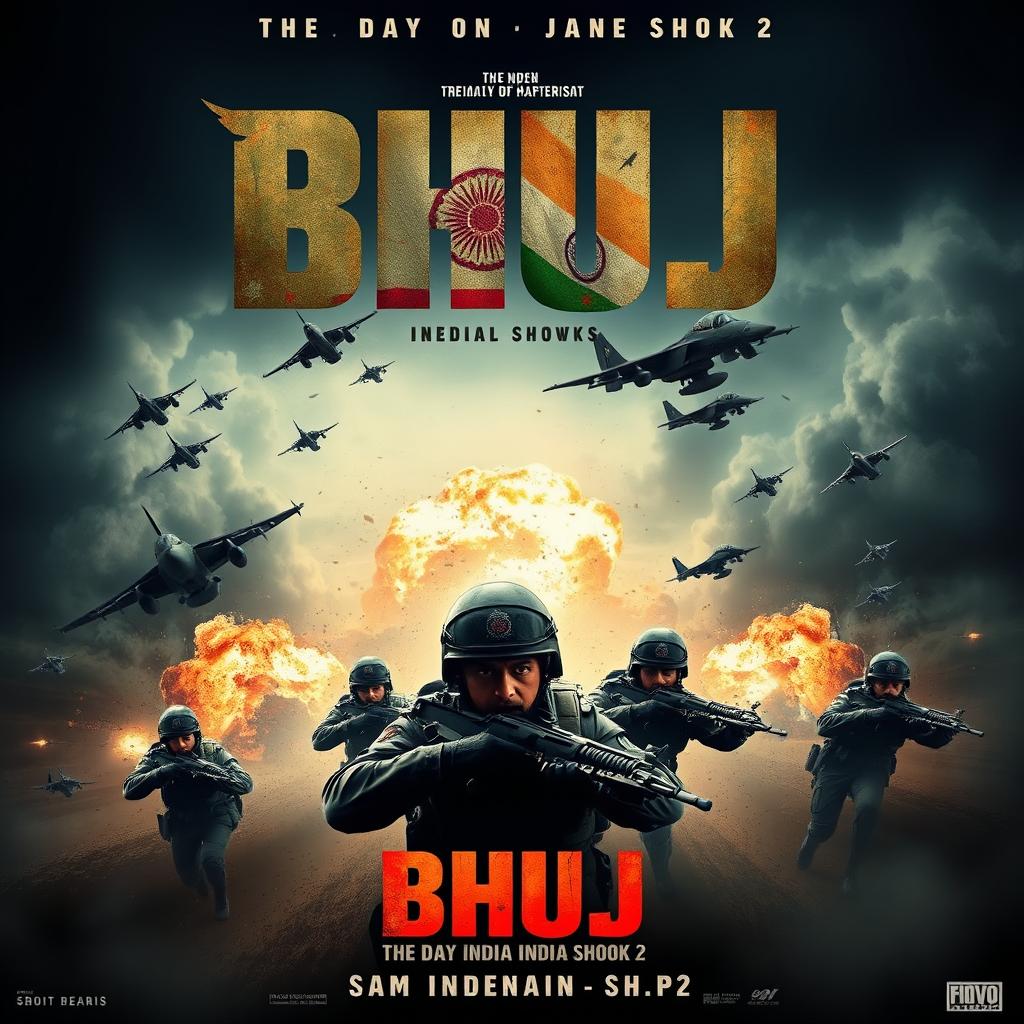 A stunning cinematic poster concept for 'Bhuj: The Day India Shook 2', featuring intense war scenes with fighter jets soaring through the sky, military soldiers engaged in action with explosions in the background