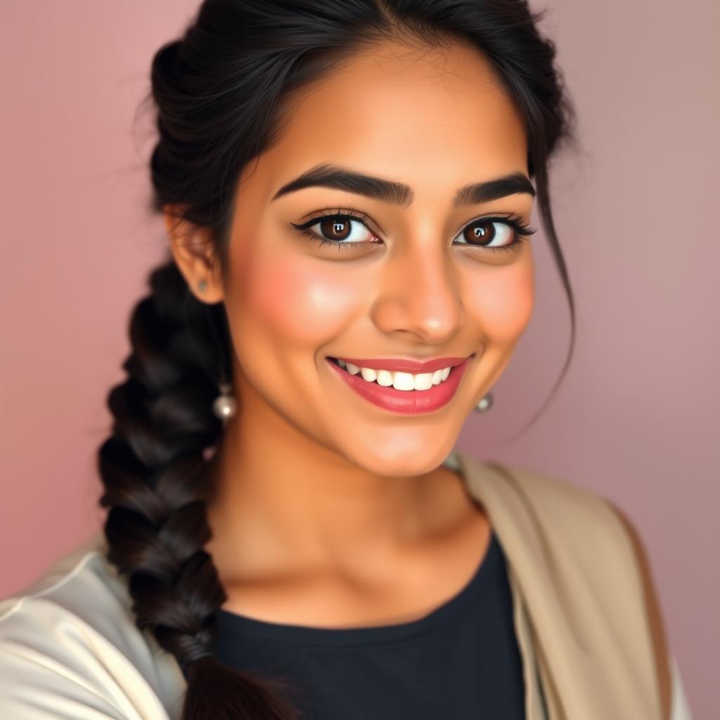 A beautiful South Asian woman, around 24 years old, with expressive eyes and a warm smile