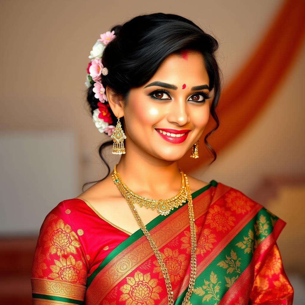 A stunning South Asian woman dressed in a vibrant and beautifully draped saree