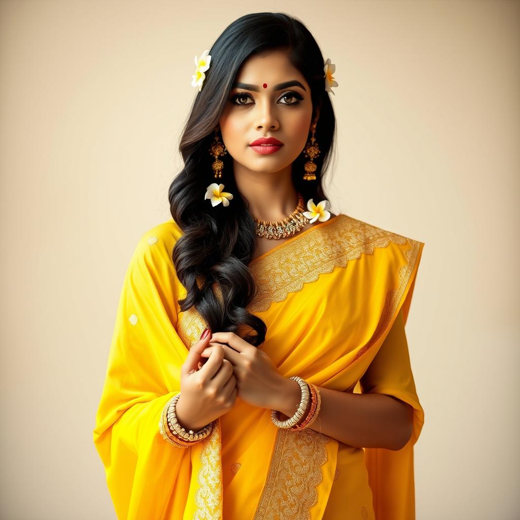 An Indian woman of South Asian descent, elegantly showcasing a vibrant yellow saree with intricate gold embroidery glistening in the daylight