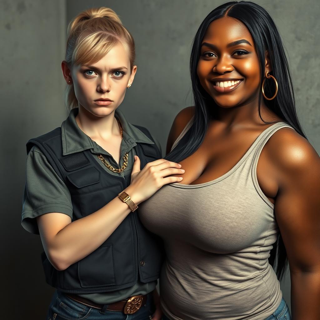 In a poor room, a young, malnourished blonde woman with blue eyes stands defiantly at 20 years old, showing a tough and angry expression, embodying a streetwise persona