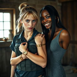 In a poor room, a young, malnourished blonde woman with blue eyes stands defiantly at 20 years old, showing a tough and angry expression, embodying a streetwise persona