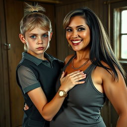 In a poor room, a young, malnourished blonde woman with blue eyes stands defiantly at 20 years old, displaying a tough, angry expression