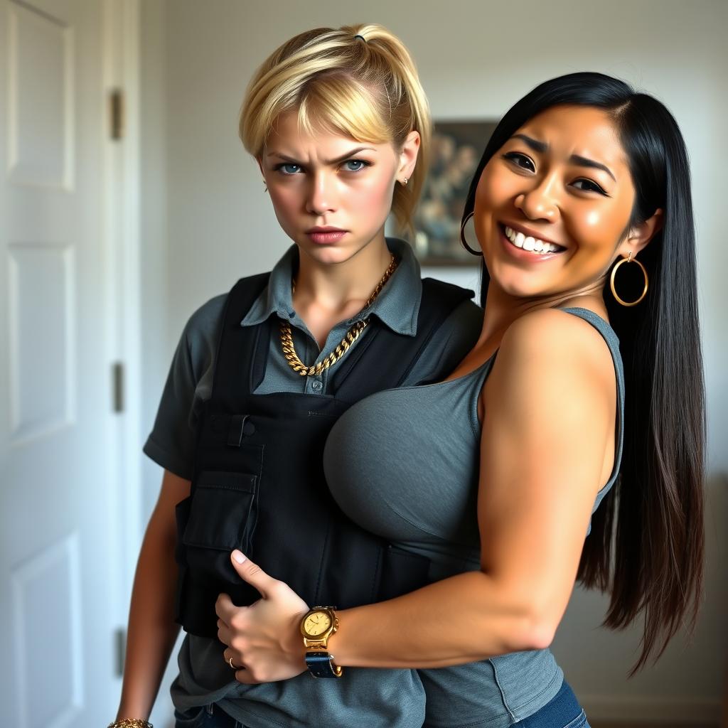 In a poor room, a young, malnourished blonde woman with blue eyes stands defiantly at 20 years old, displaying a tough, angry expression