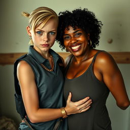 In a poor room, a young, malnourished blonde woman with blue eyes stands defiantly at 20 years old, showcasing a tough, angry expression