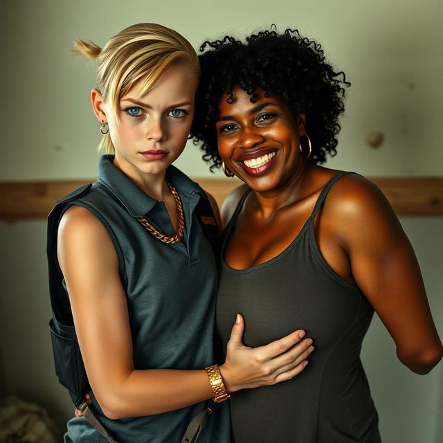 In a poor room, a young, malnourished blonde woman with blue eyes stands defiantly at 20 years old, showcasing a tough, angry expression