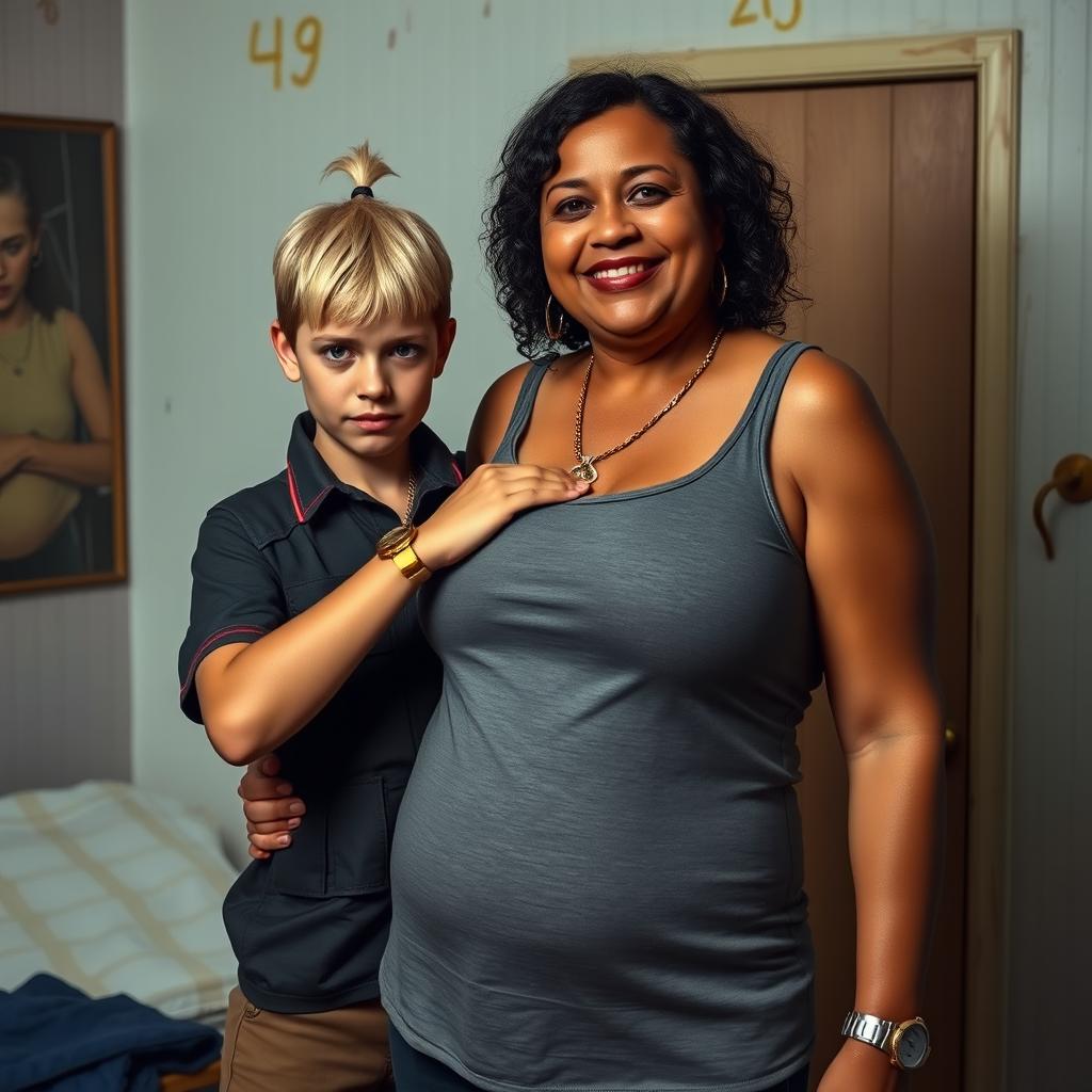 In a poor room, a young, malnourished blonde woman with blue eyes stands defiantly at 20 years old, showcasing a tough, angry expression