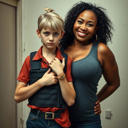 In a poor room, a young, malnourished blonde woman with blue eyes stands defiantly at 20 years old, showcasing a tough, angry expression