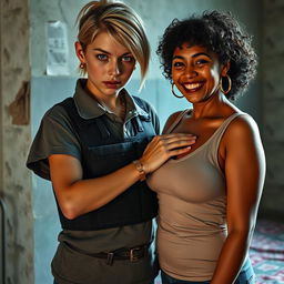 In a poor room, a young, malnourished blonde woman with blue eyes stands defiantly at 20 years old, showcasing a tough, angry expression