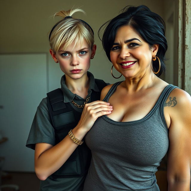 In a poor room, a young, malnourished blonde woman with blue eyes, aged 30, stands defiantly, portraying a tough, angry expression