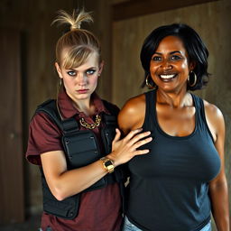 In a poor room, a young, malnourished blonde woman with blue eyes stands defiantly at 30 years old, showcasing a tough, angry expression